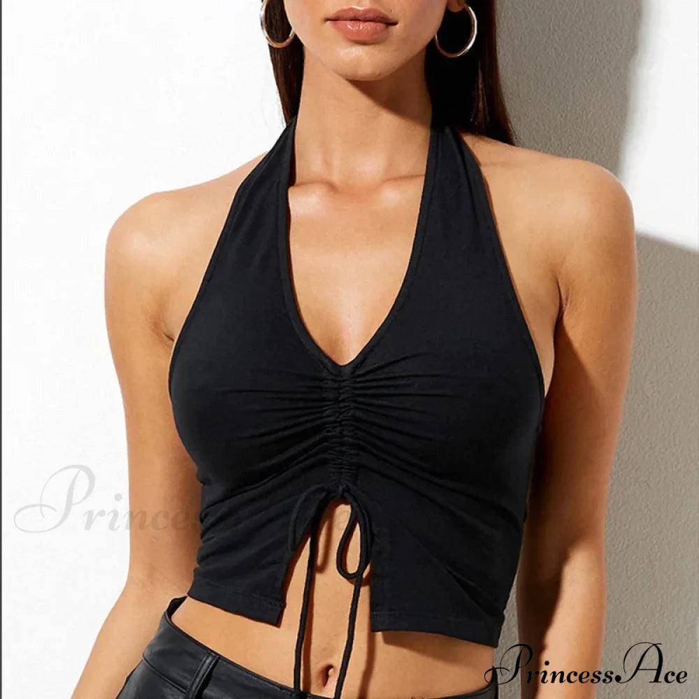 Fashion Women Lace Up Halter Black Sleeveless Drawstring Slim Fit Crop Club Summer Camis Streetwear