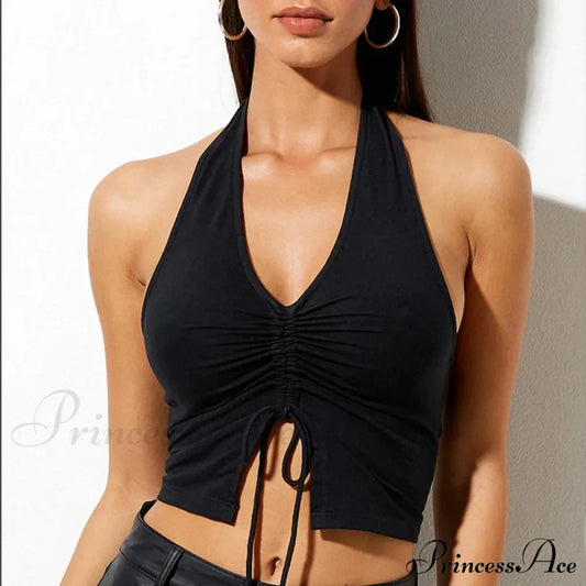 Fashion Women Lace Up Halter Black Sleeveless Drawstring Slim Fit Crop Club Summer Camis Streetwear