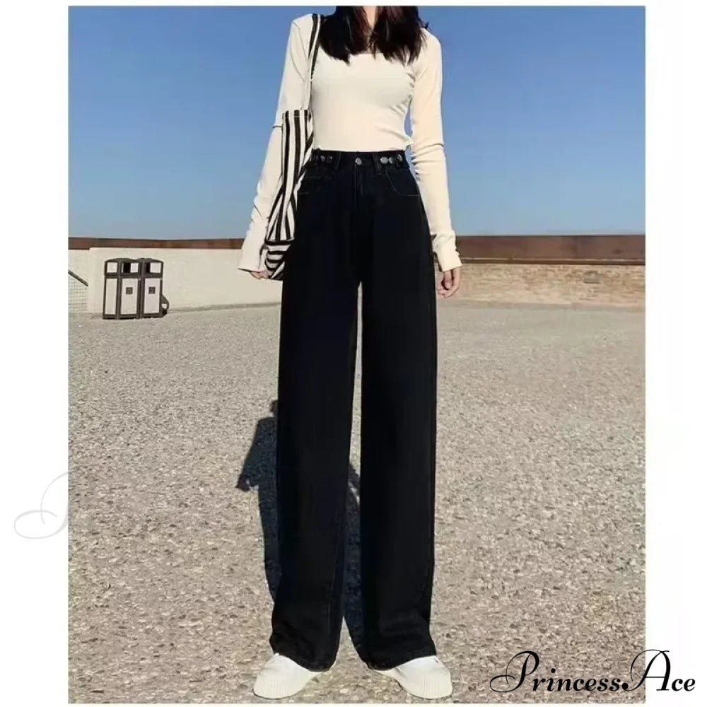 Fashionable Blue Vintage Quality High-Waisted Denim Straight Casual Floor Length Jean Black / Xs