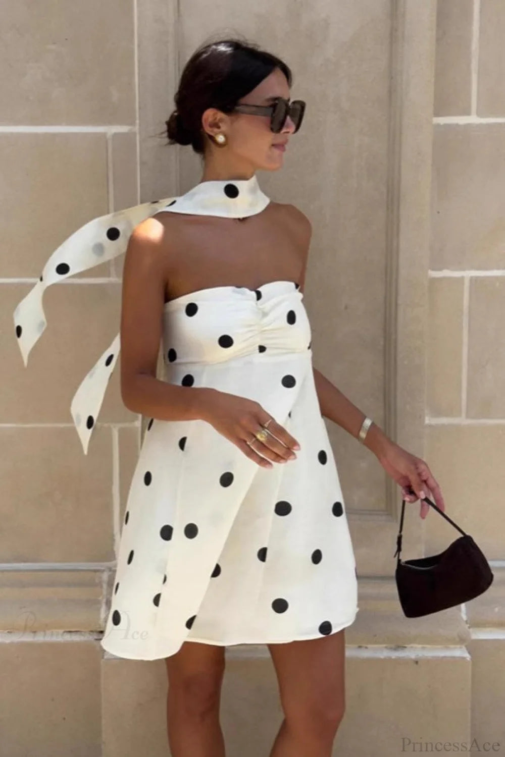 Fashionable Polka Dot Strapless Mini Dress White / S