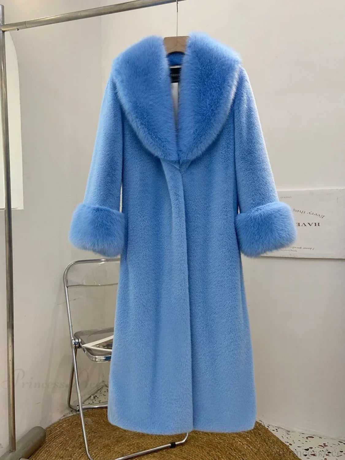 Faux Fur Fur Collar Loose Warm Overcoat Sky Blue / XS