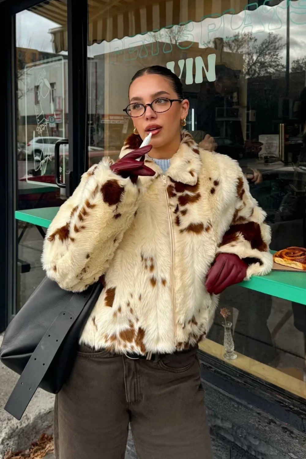 Faux Fur Leopard Print Fuzzy Warm Coat Off-white / S