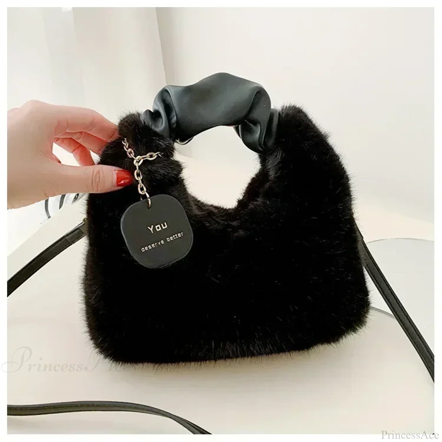 Faux Fur Plush Ruched Handle Crossbody Handbag Black handbag-250126