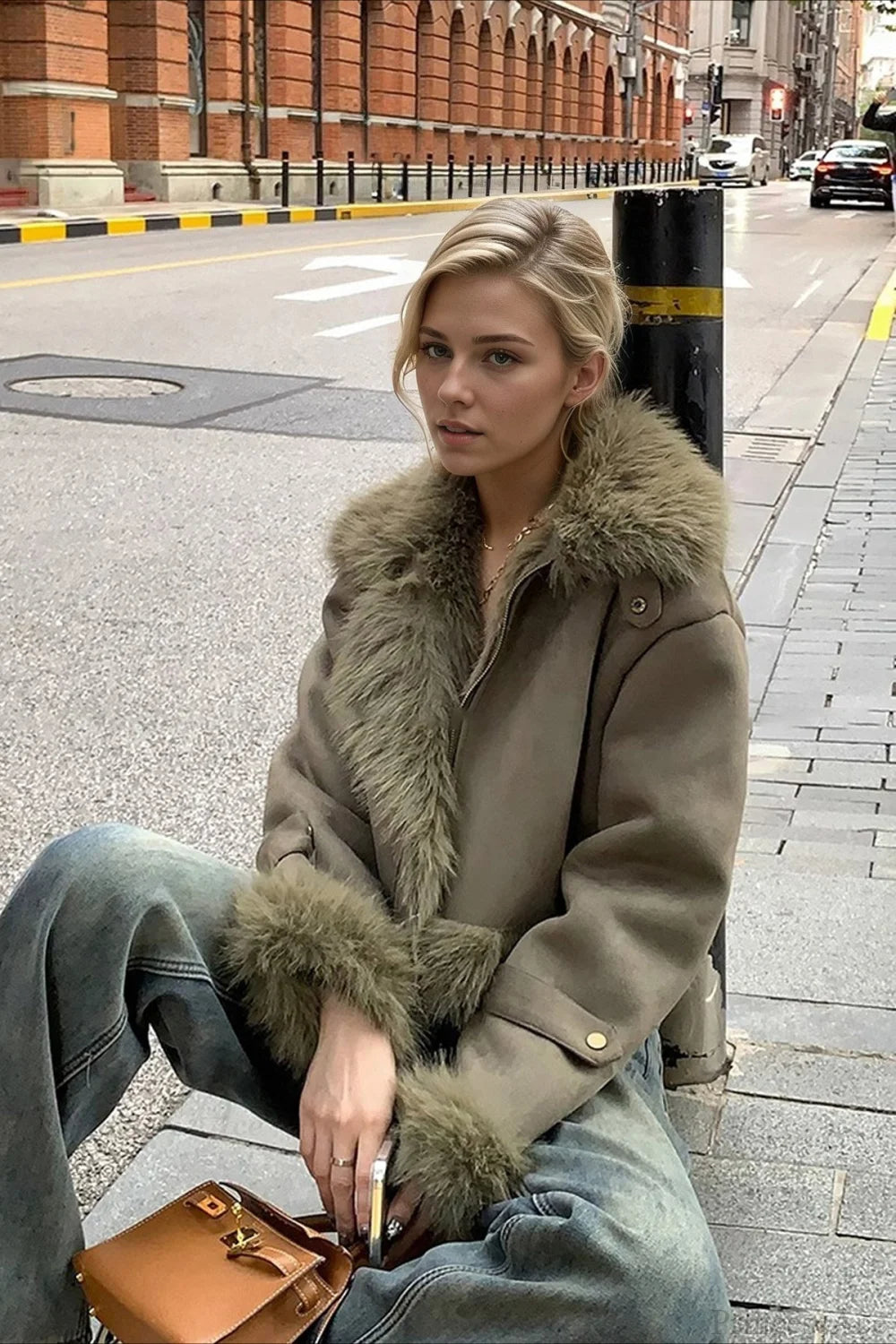 Faux Fur Suede Short Biker Jacket Dark green / S