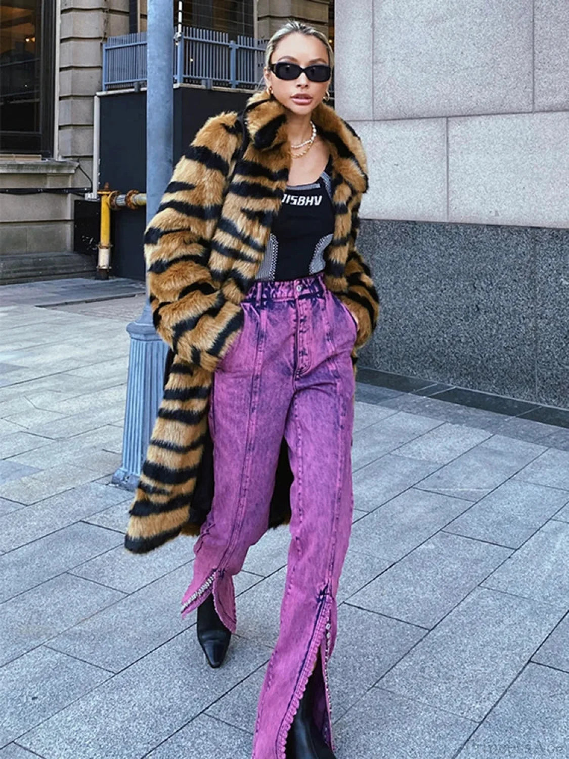 Faux Fur Tiger Striped Loose Overcoat
