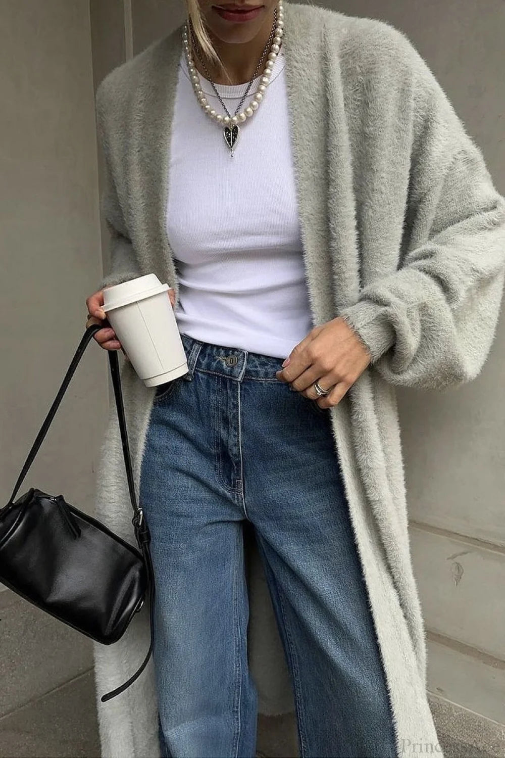 Faux Mink Fur Knit Plush Relaxed Longline Overcoat Light gray / S