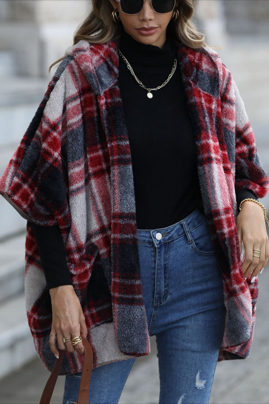 Fuzzy Plaid Hooded Short Sleeve Coat coats