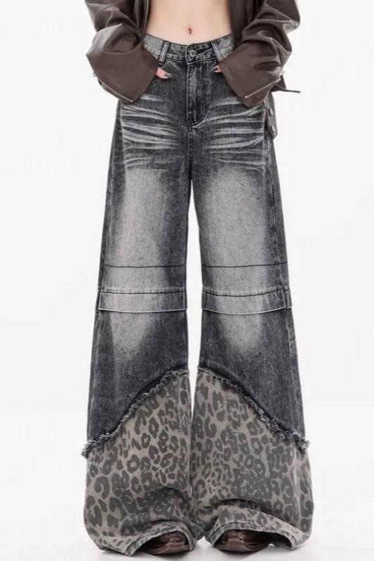 Patchwork Leopard Wide Leg Jeans Grey / S