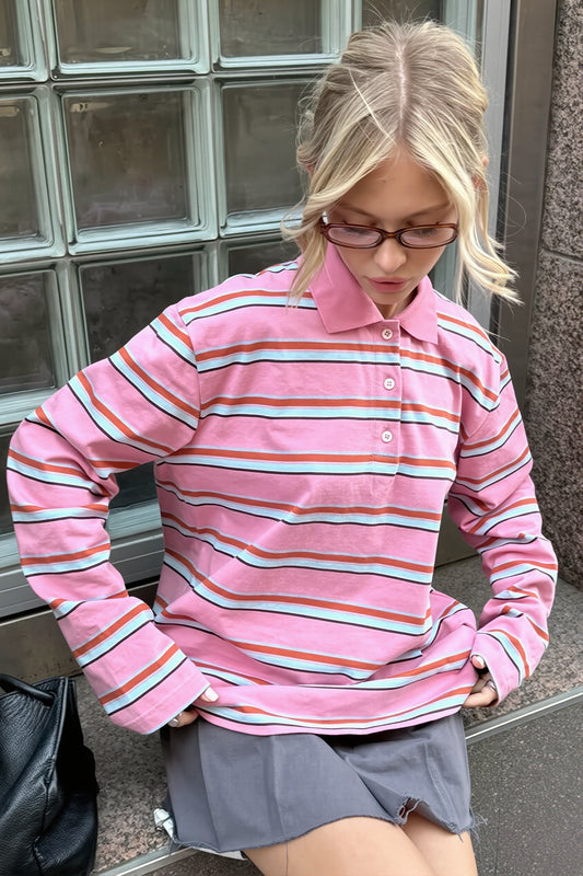 Striped Polo Collar Relaxed Long Sleeve T Shirt