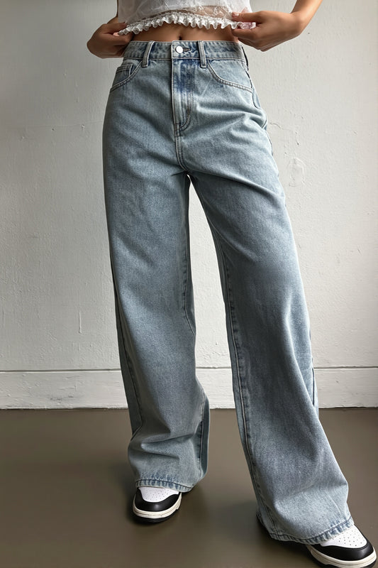 Bow Embroidered Light Blue Loose Jeans