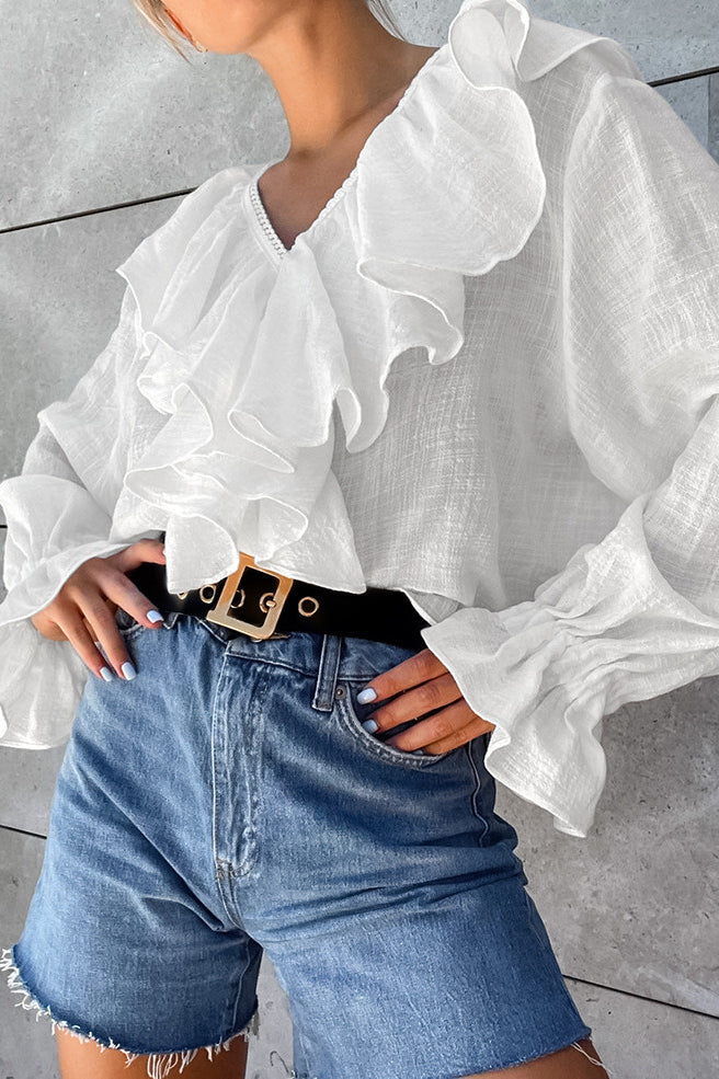 Cotton Ruffled V Neck Pullover Blouse