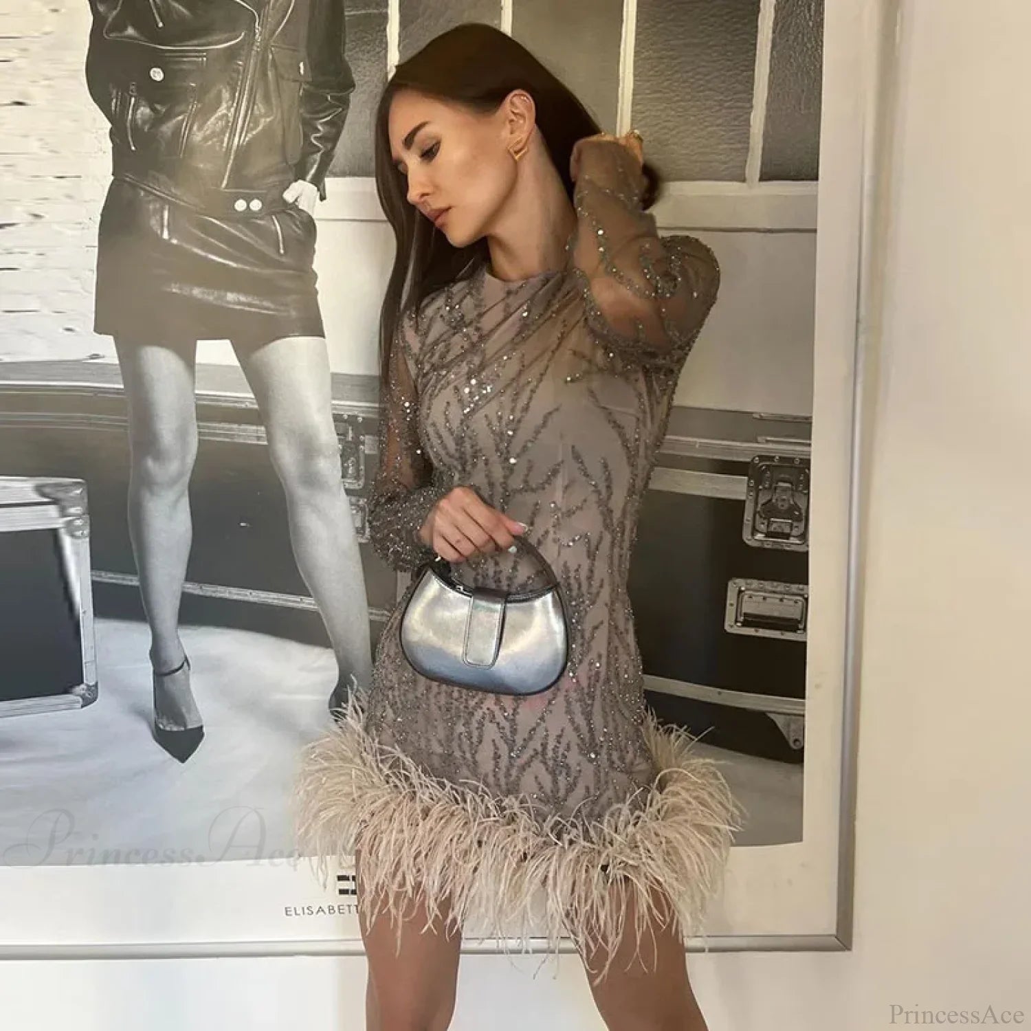 Feather Mesh Sheer Sleeve Party Dress Apricot / S Partydress-241208