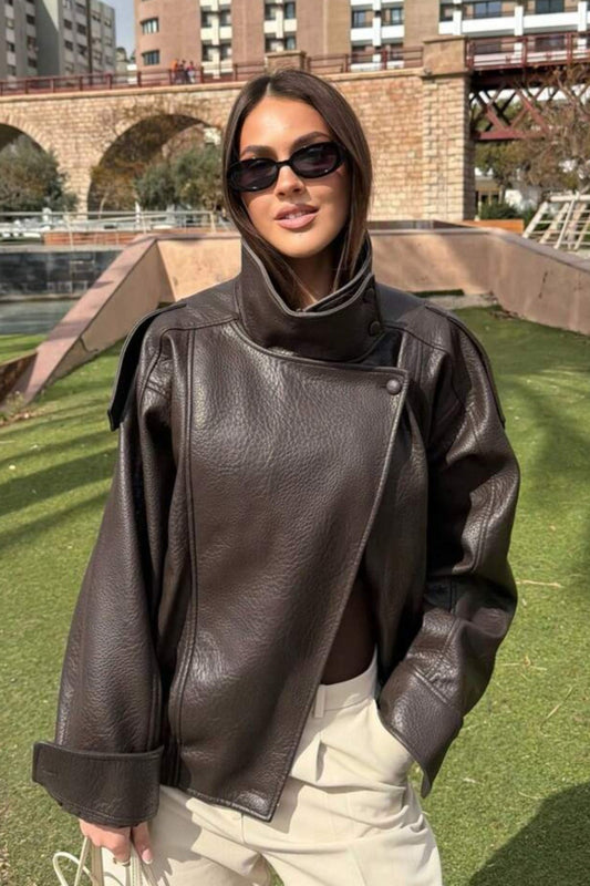 Oversized Stand Collar Faux Leather Jacket