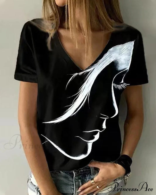 V neck T-shirt with Figure Print White 23BF clothes Short Sleeve Tops T-shirts Tops/Blouses