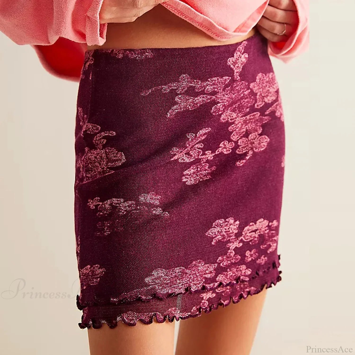 Fine Mesh Flower Print Skirt red / S skirts-250223