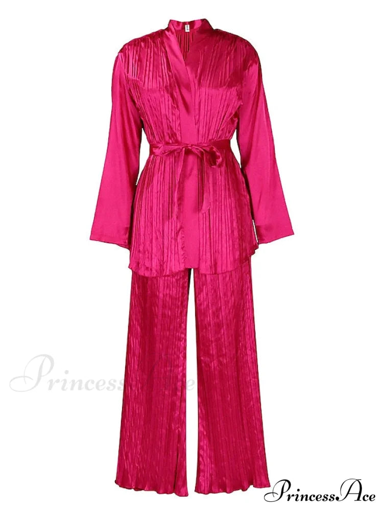 Fit Fuchsia - Pants Sets Casual Spring V White Color Daily & Fashion Solid Long Blouse Red Neck