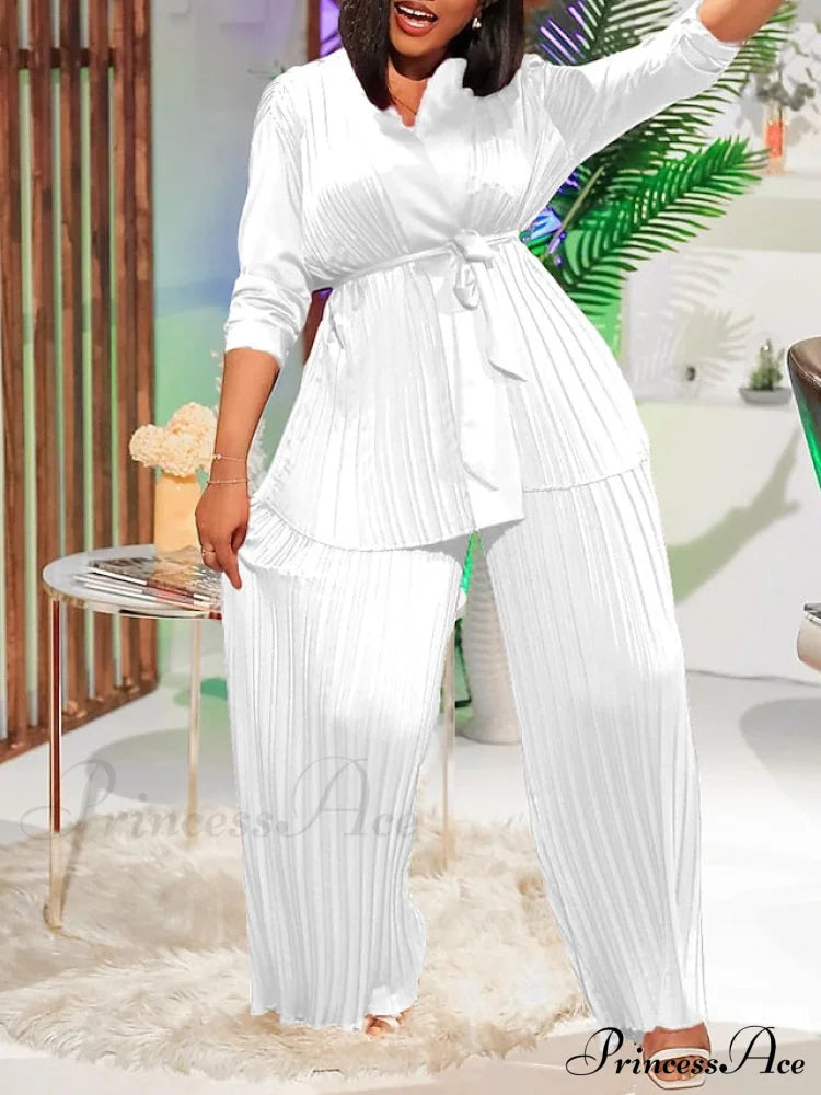 Fit Fuchsia - Pants Sets Casual Spring V White Color Daily & Fashion Solid Long Blouse Red Neck