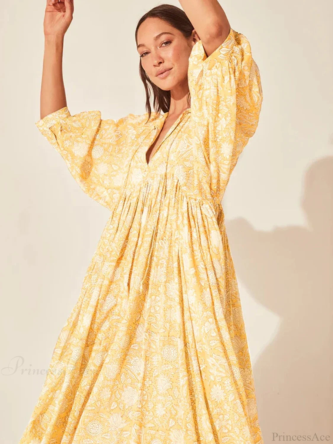 Fitshinling Boho Vintage Lantern Sleeve Dress Yellow / S bohodress-250126