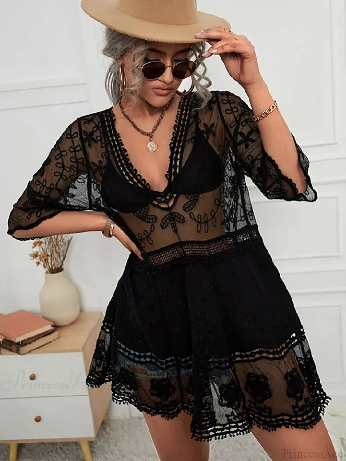 Fitshinling V-neck Sheer Lace Boho Cover-up Black / One Size bohodress-250126