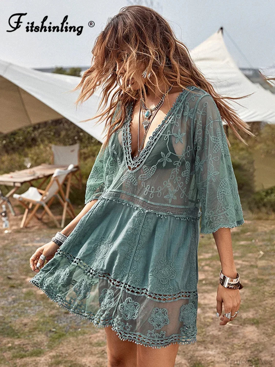 Fitshinling V-neck Sheer Lace Boho Cover-up bohodress-250126