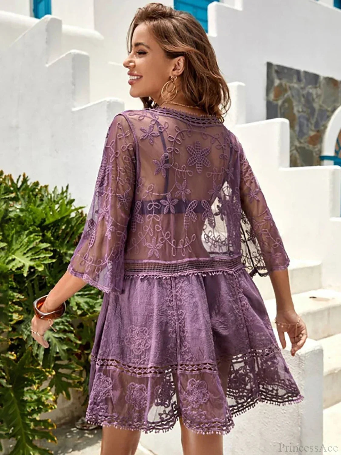 Fitshinling V-neck Sheer Lace Boho Cover-up PURPLE / One Size bohodress-250126