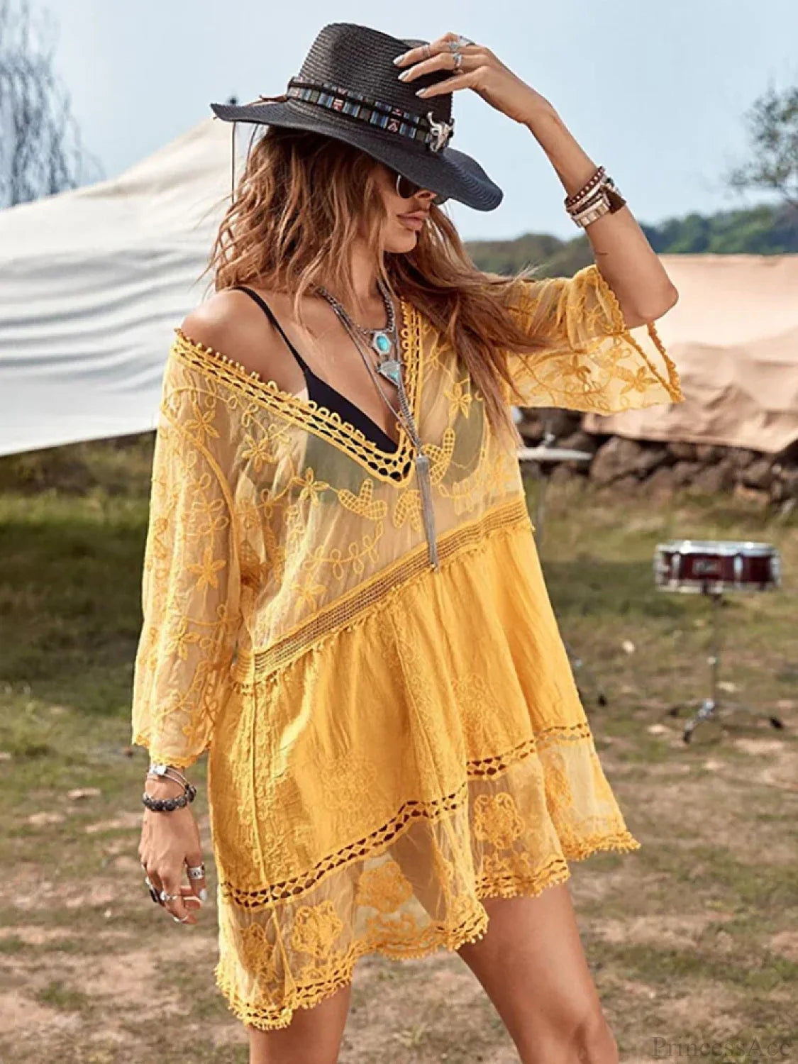 Fitshinling V-neck Sheer Lace Boho Cover-up Yellow / One Size bohodress-250126