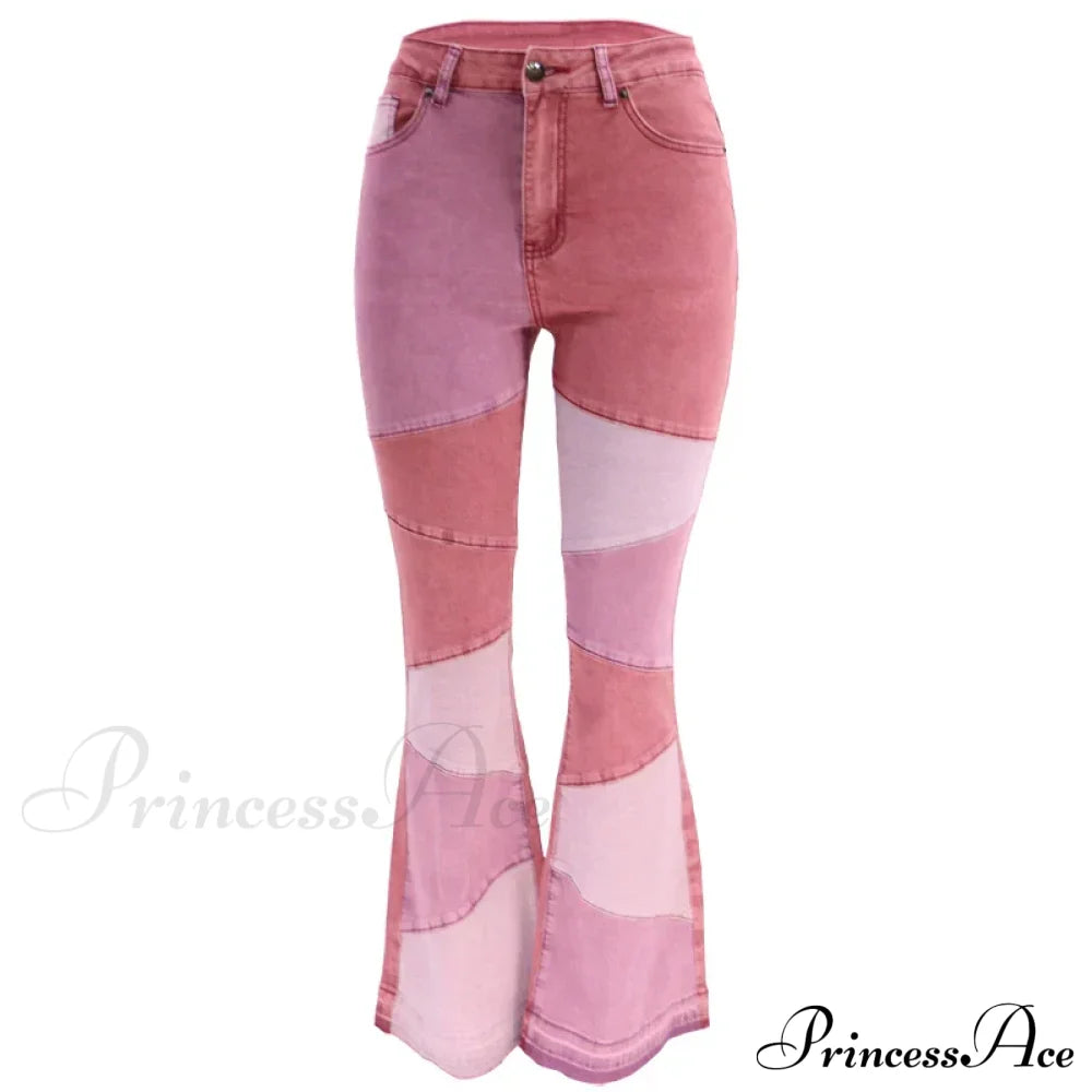 Flare For Women Patchwork Casual Fashion Slim High Waist Vintage Streetwear Stretch Jean Red / S