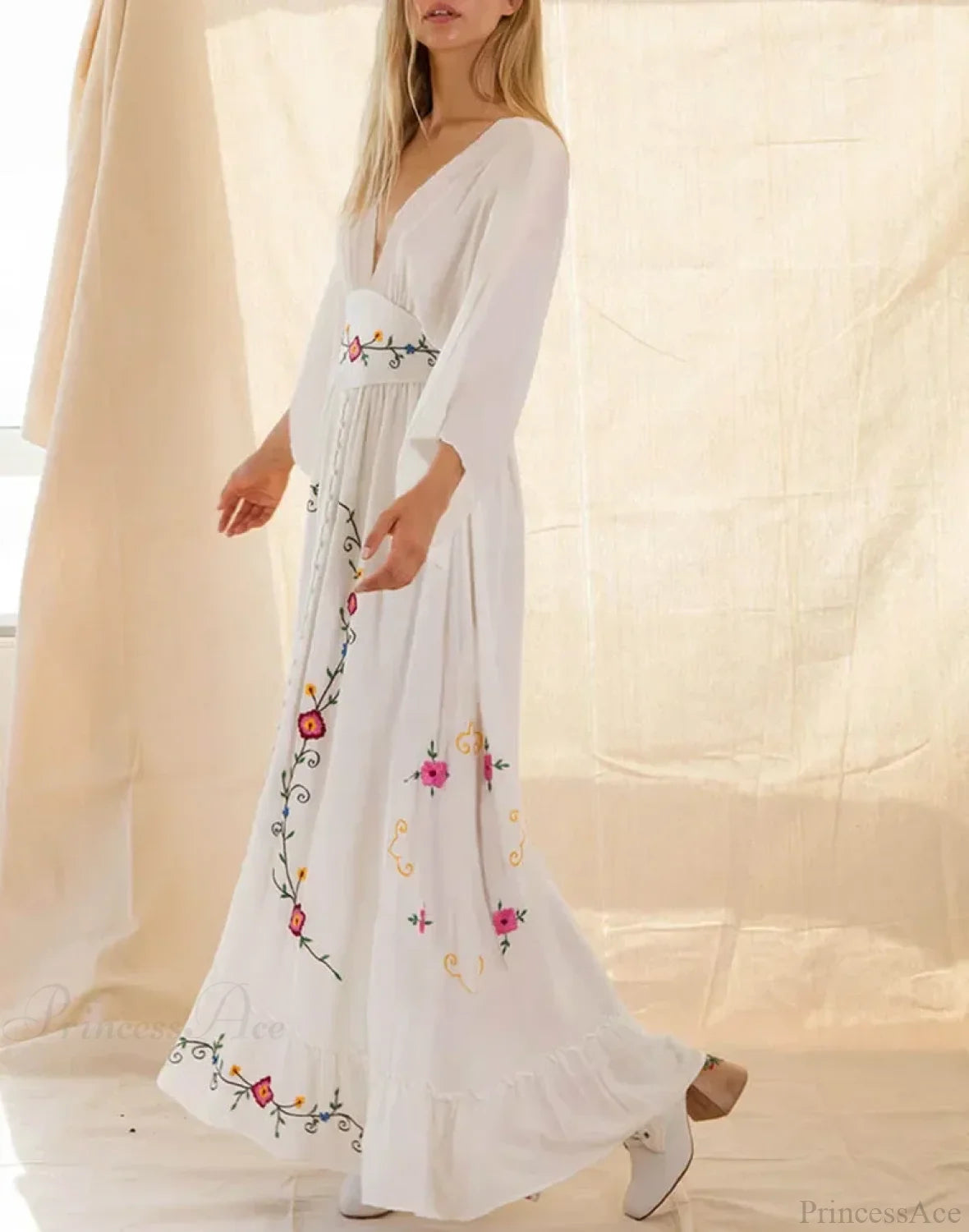 Flare Long Sleeve Deep V-neck Cotton Dress bohodress-250126