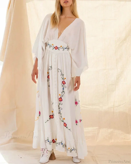 Flare Long Sleeve Deep V-neck Cotton Dress bohodress-250126