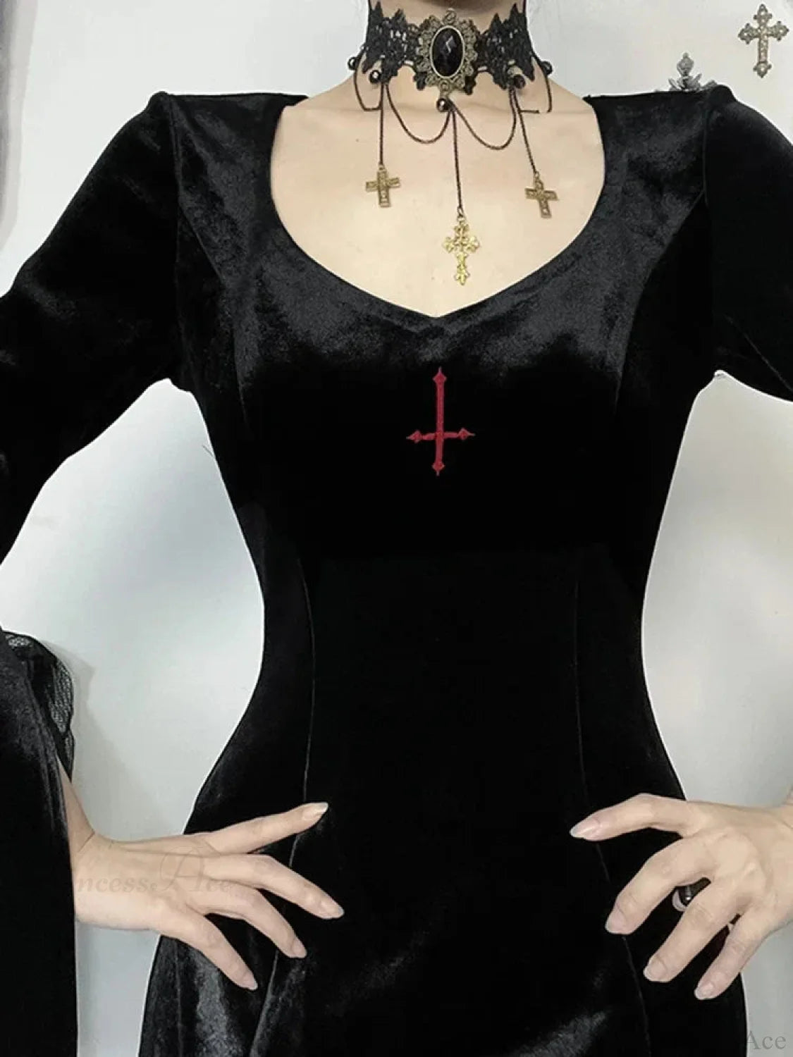 Flare Sleeve Cross Embroidery Maxi Dress