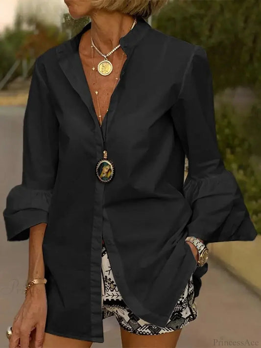 Flare Sleeve Solid Color V Neck Blouse Black / S blouse-250126