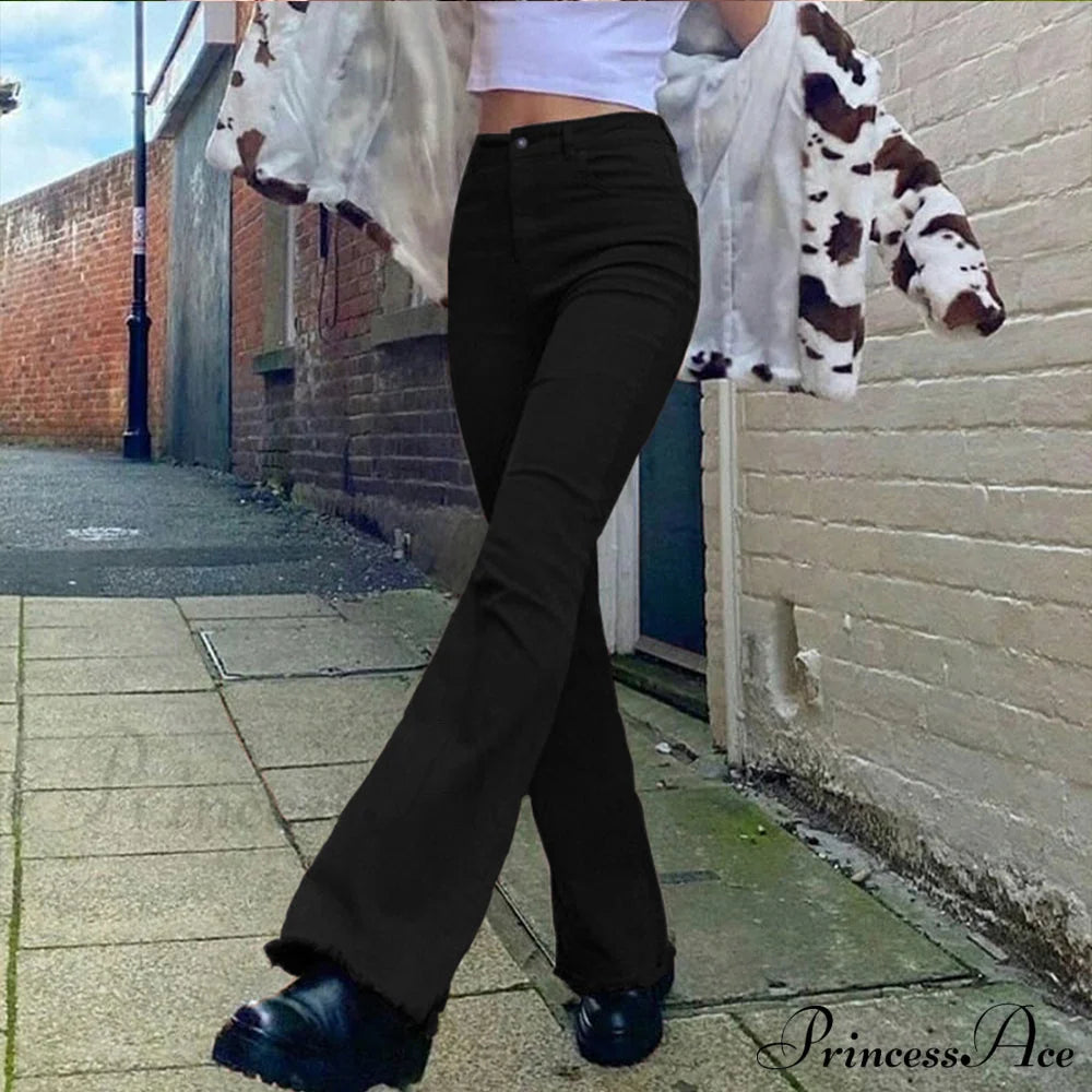 Flared High Black Jeans And In Waist Brown For Khaki Women