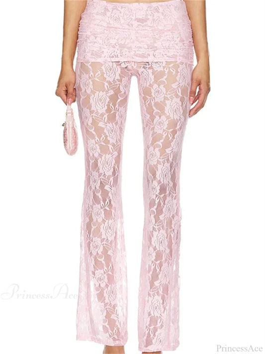 Flared Leg Lace See-Through Bootcut Fashion Pant PINK / S pant-250223