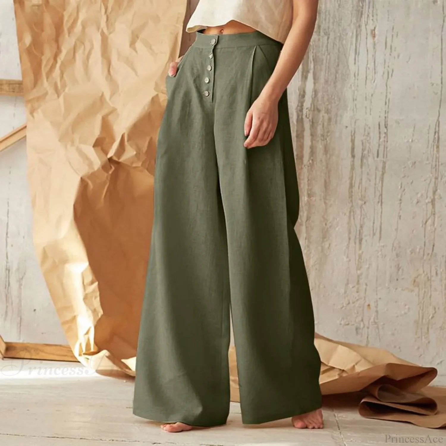 Flared Solid Color High Waist Cotton Linen Pant pant-250223