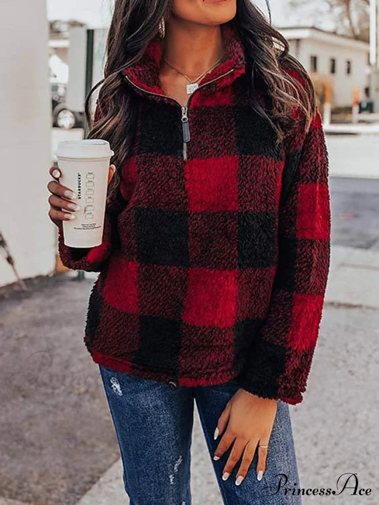 Fleece Arm Sweatshirt Women’s Khaki Long V Fuzzy Zip Plaid Teddy Neck Quarter Red Casual Top