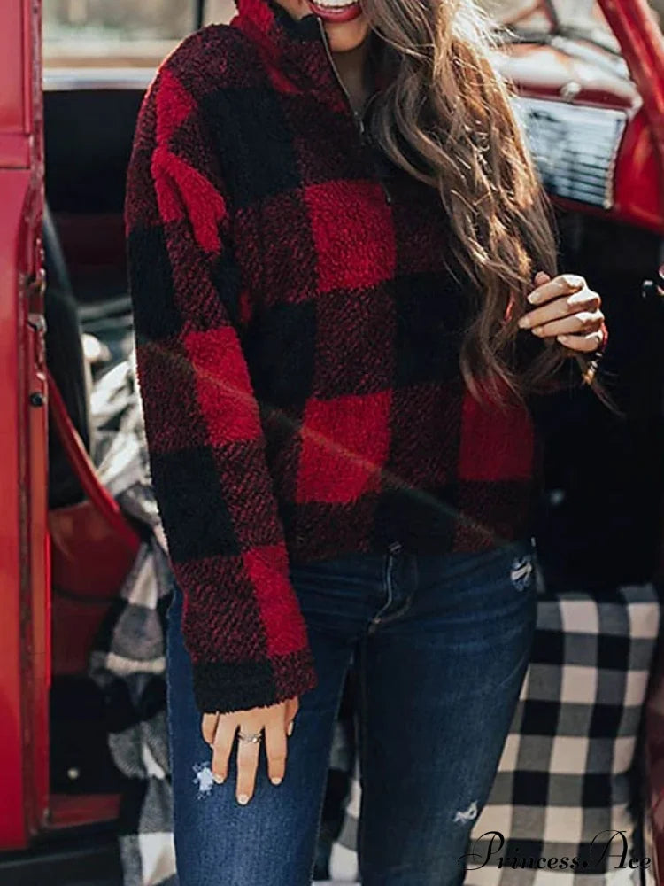 Fleece Arm Sweatshirt Women’s Khaki Long V Fuzzy Zip Plaid Teddy Neck Quarter Red Casual Top