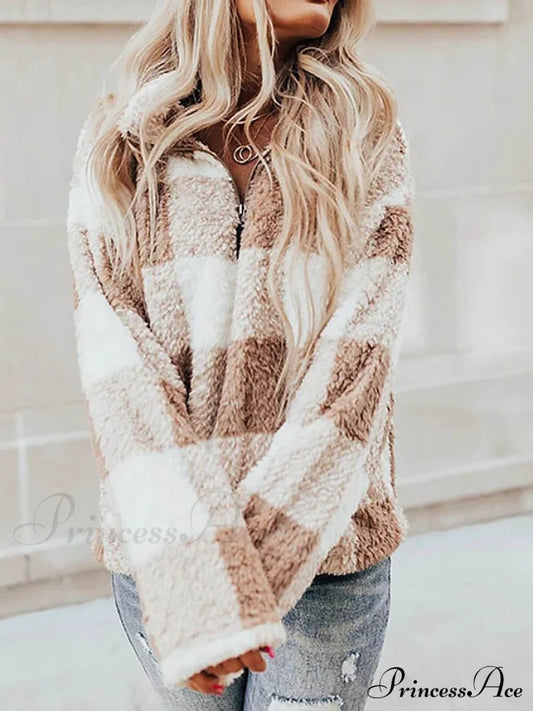 Fleece Arm Sweatshirt Women’s Khaki Long V Fuzzy Zip Plaid Teddy Neck Quarter Red Casual Top