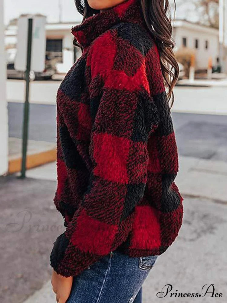 Fleece Arm Sweatshirt Women’s Khaki Long V Fuzzy Zip Plaid Teddy Neck Quarter Red Casual Top