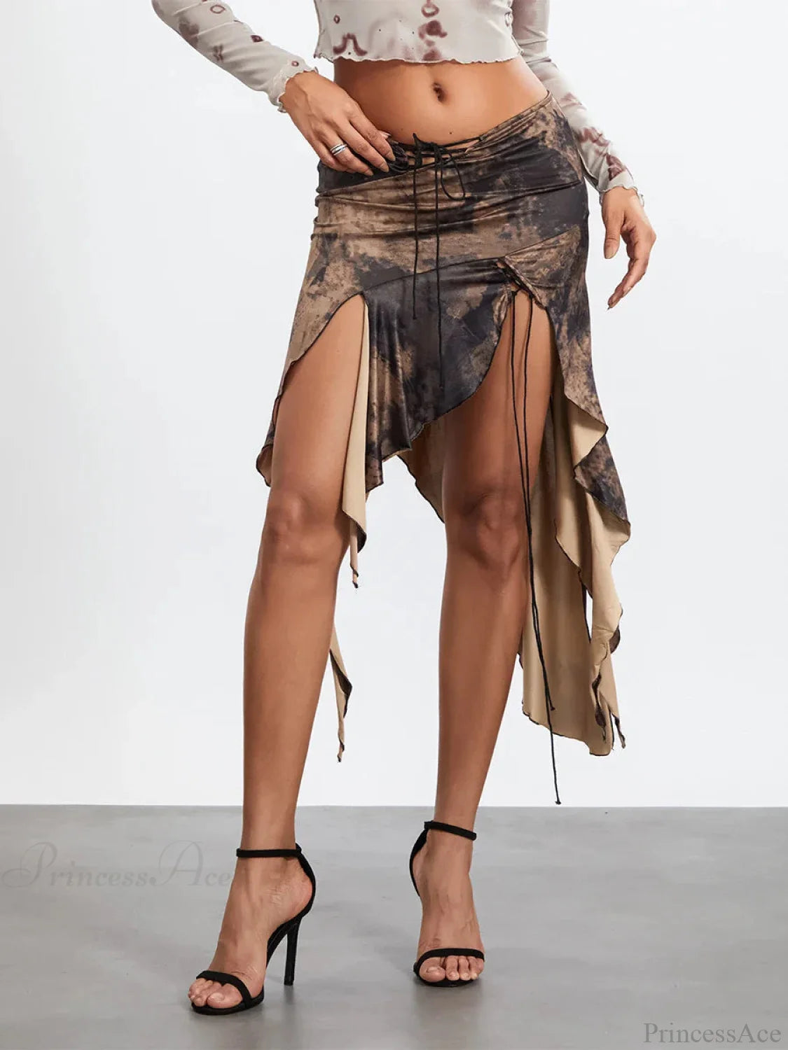 Flexible Waist Draped Frill Skirt Dark Brown / S