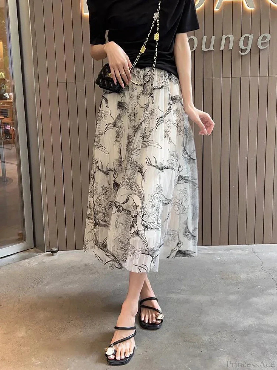 Flocking Flower Bird Tulle Gauze Elastic Waist Midi Skirt white / Free size skirt-250126