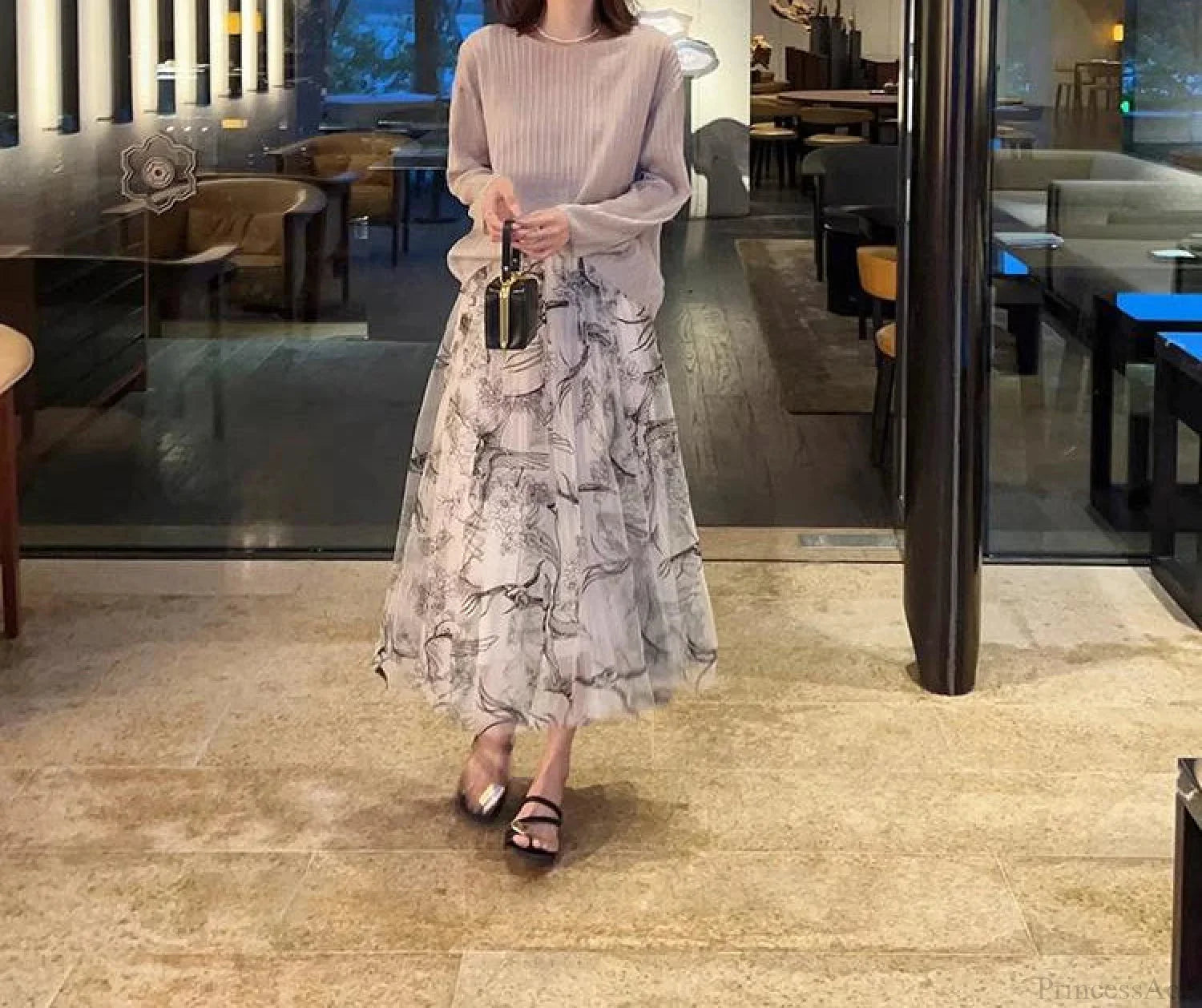 Flocking Flower Bird Tulle Gauze Elastic Waist Midi Skirt white / Free size skirt-250126