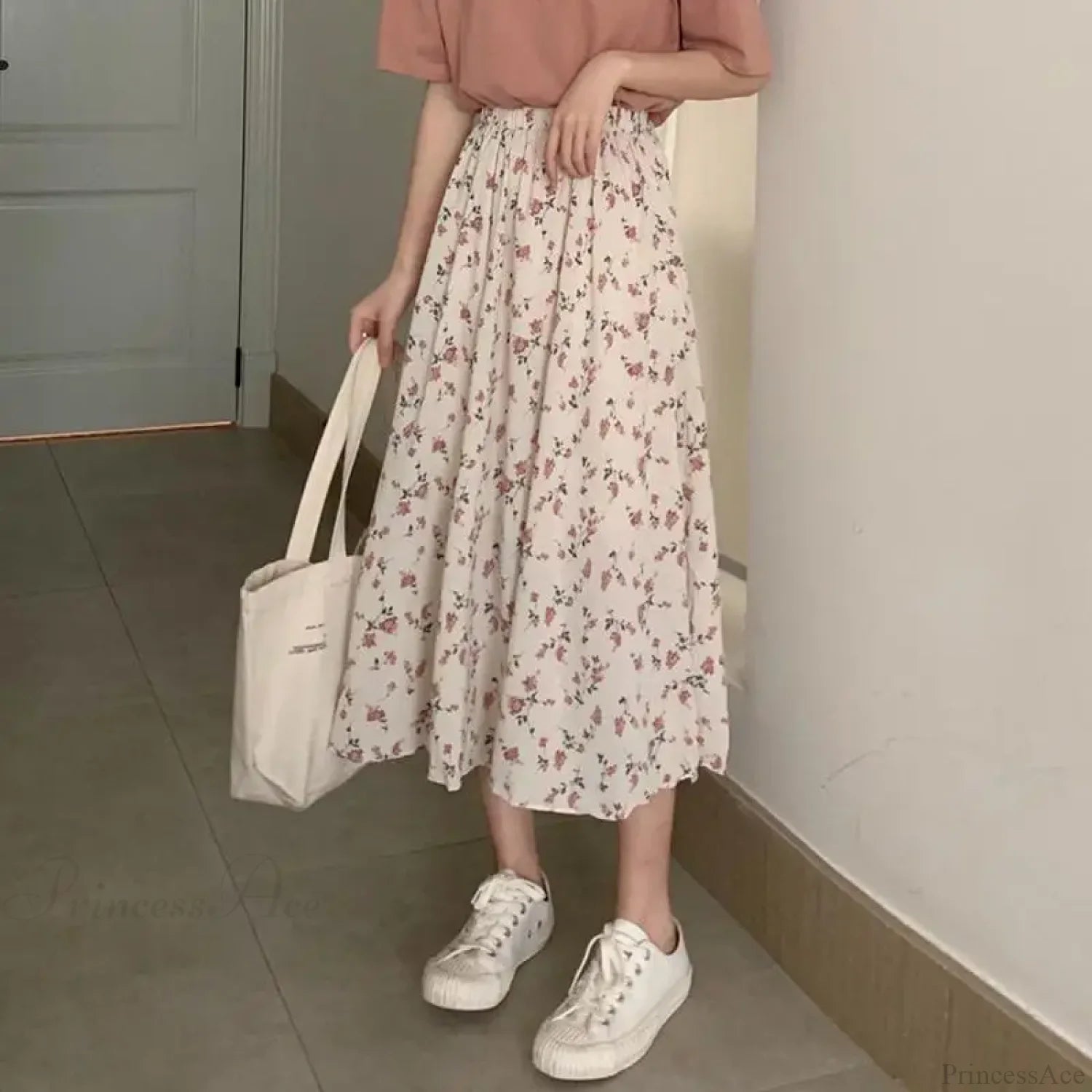 Floral A-Line Long Skirt Summer Sweet Style Women white / S skirt-250126