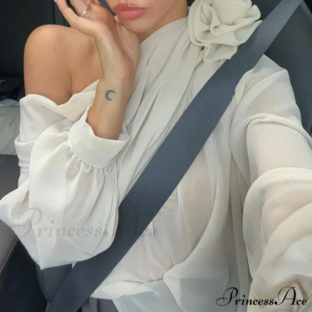 Floral Applique Mesh Chiffon Graceful One Shoulder Long Sleeve Top