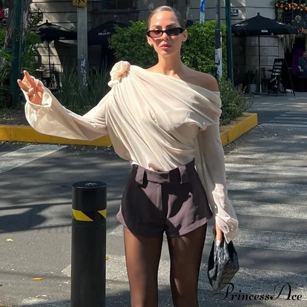 Floral Applique Mesh Chiffon Graceful One Shoulder Long Sleeve Top