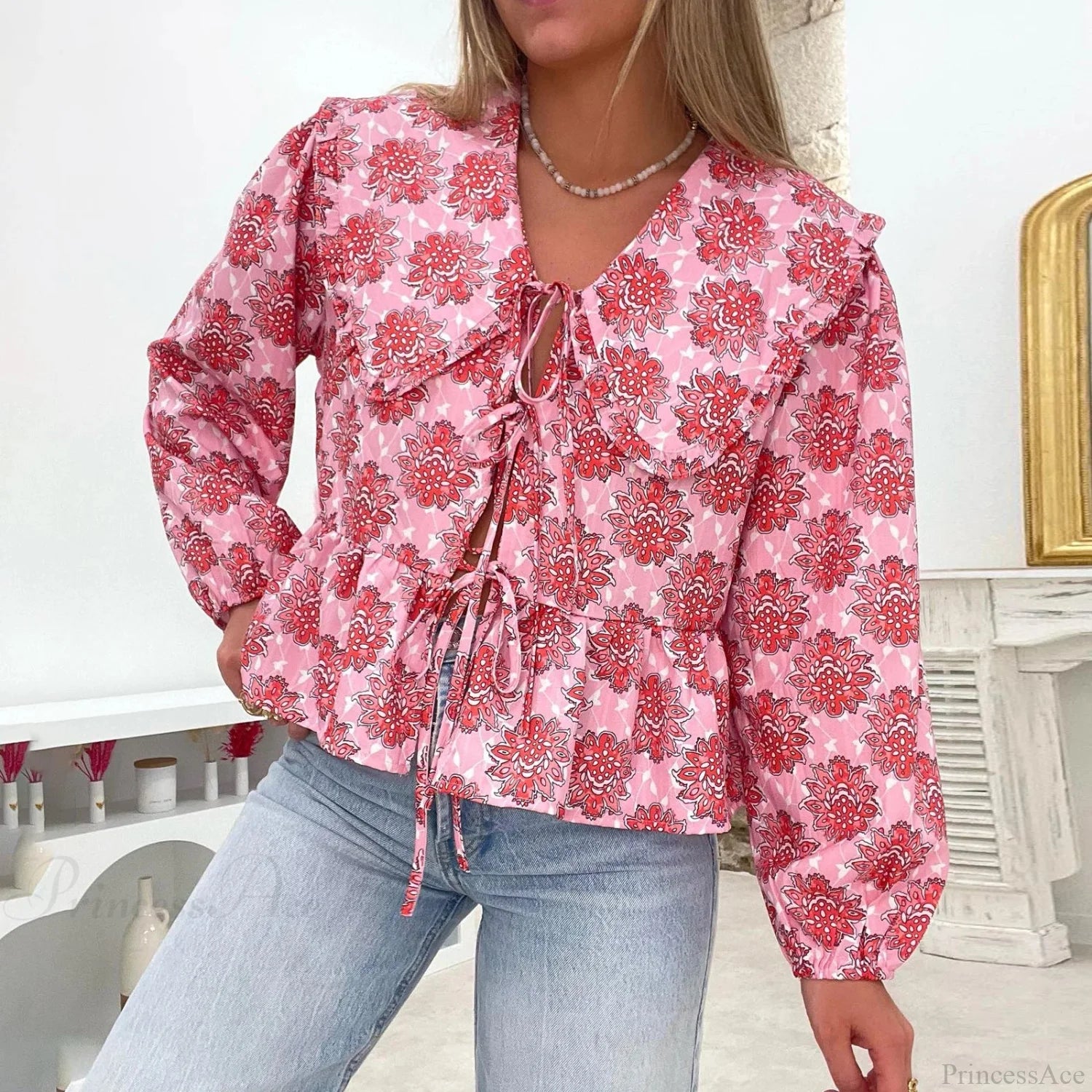 Floral Babydoll Ruffled Blouse Pink / S blouse-250223