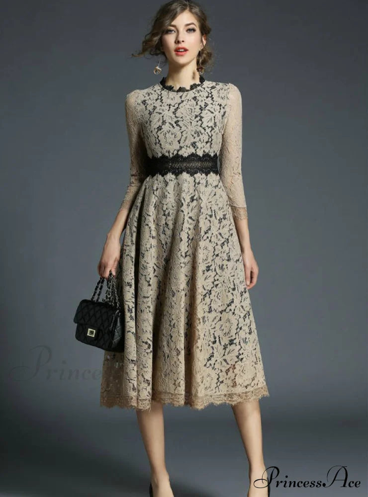 Floral Crochet Hollow Out Patchwork Lace Dress M / Khaki Party Dresses-L