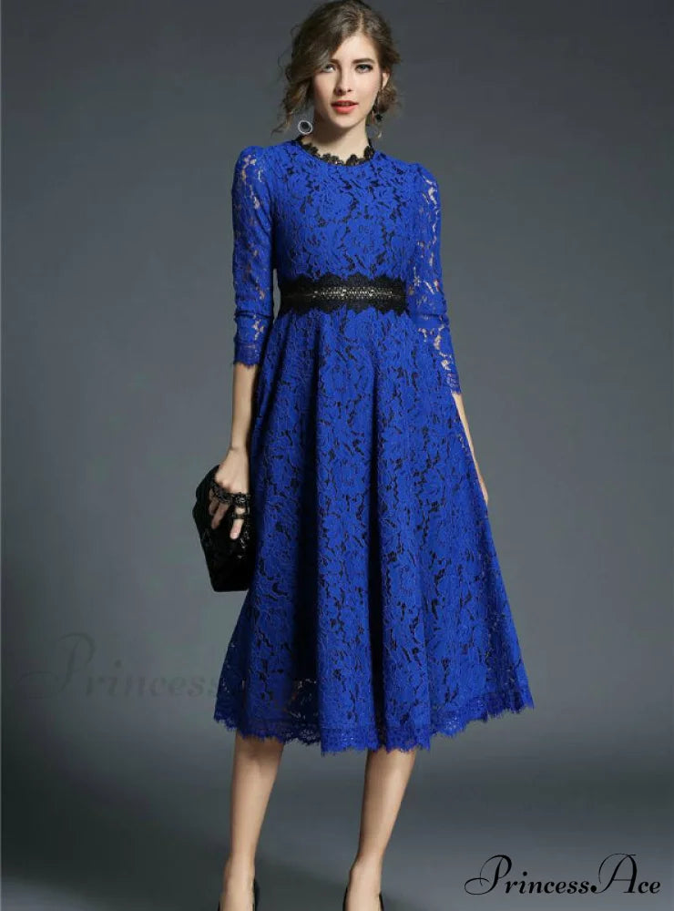 Floral Crochet Hollow Out Patchwork Lace Dress S / Blue Party Dresses-L