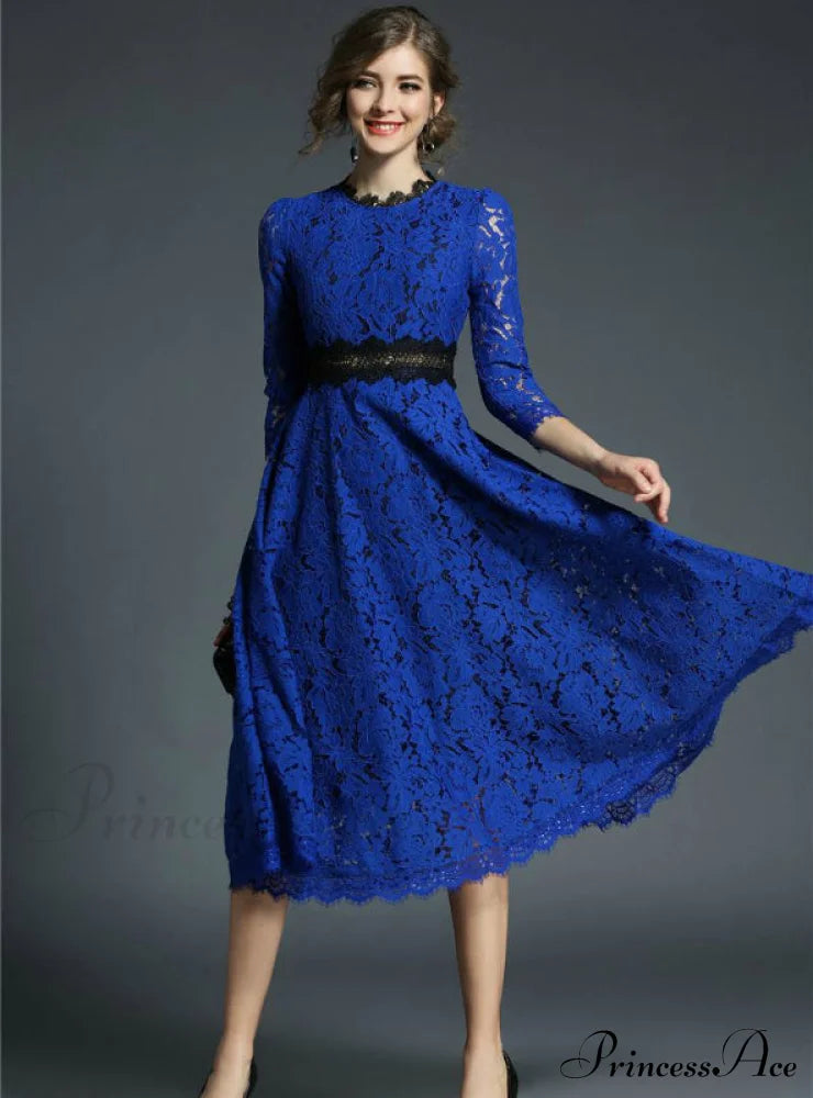 Floral Crochet Hollow Out Patchwork Lace Dress S / Khaki Party Dresses-L