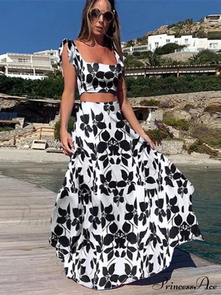 Floral Crop Top And High Waisted Long Skirt Set S / Black Two Piece Maxi Dress