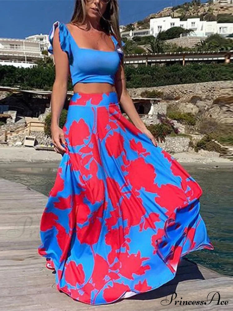 Floral Crop Top And High Waisted Long Skirt Set S / Blue Two Piece Maxi Dress
